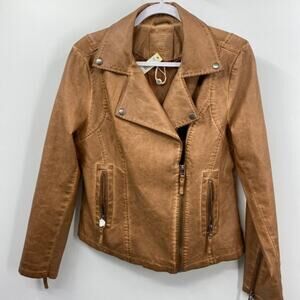 Max Studio Womens Brown Faux Leather Pleather Motorcycle Jacket NEW Large